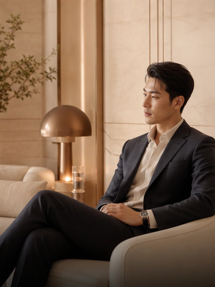Executive client in a private waiting suite with warm architectural lighting