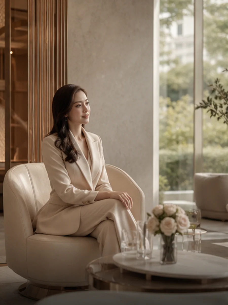 Thai professional seated in a quiet luxury Waleerat Clinic consultation lounge